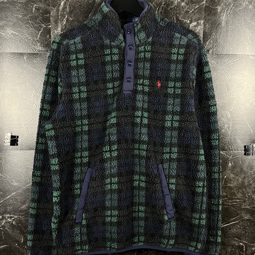 Polo Ralph Lauren Men's Green Plaid Retro Pile Fleece Jacket Medium